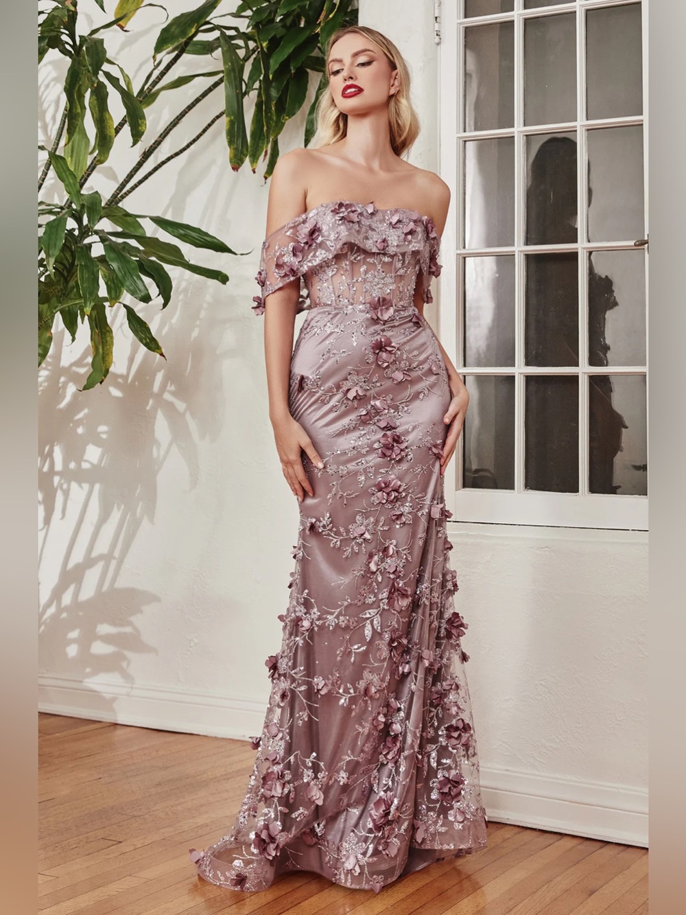 CINDERELLA DIVINE J832 3D Floral Off-Shoulder Gown with Slit